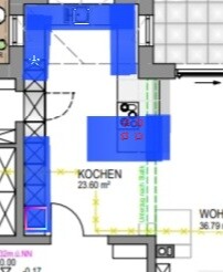 Grundrissplan eines Küchenbereichs mit markierter Kochzone und angrenzendem Essbereich