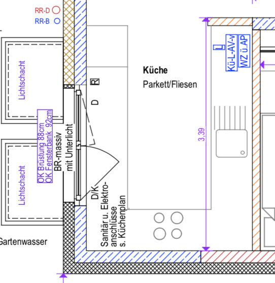 Küchengrundriss mit Parkettboden, Türen und Küchenbereich