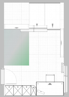 Küchengrundriss mit Schränken, Spüle und Arbeitsflächen