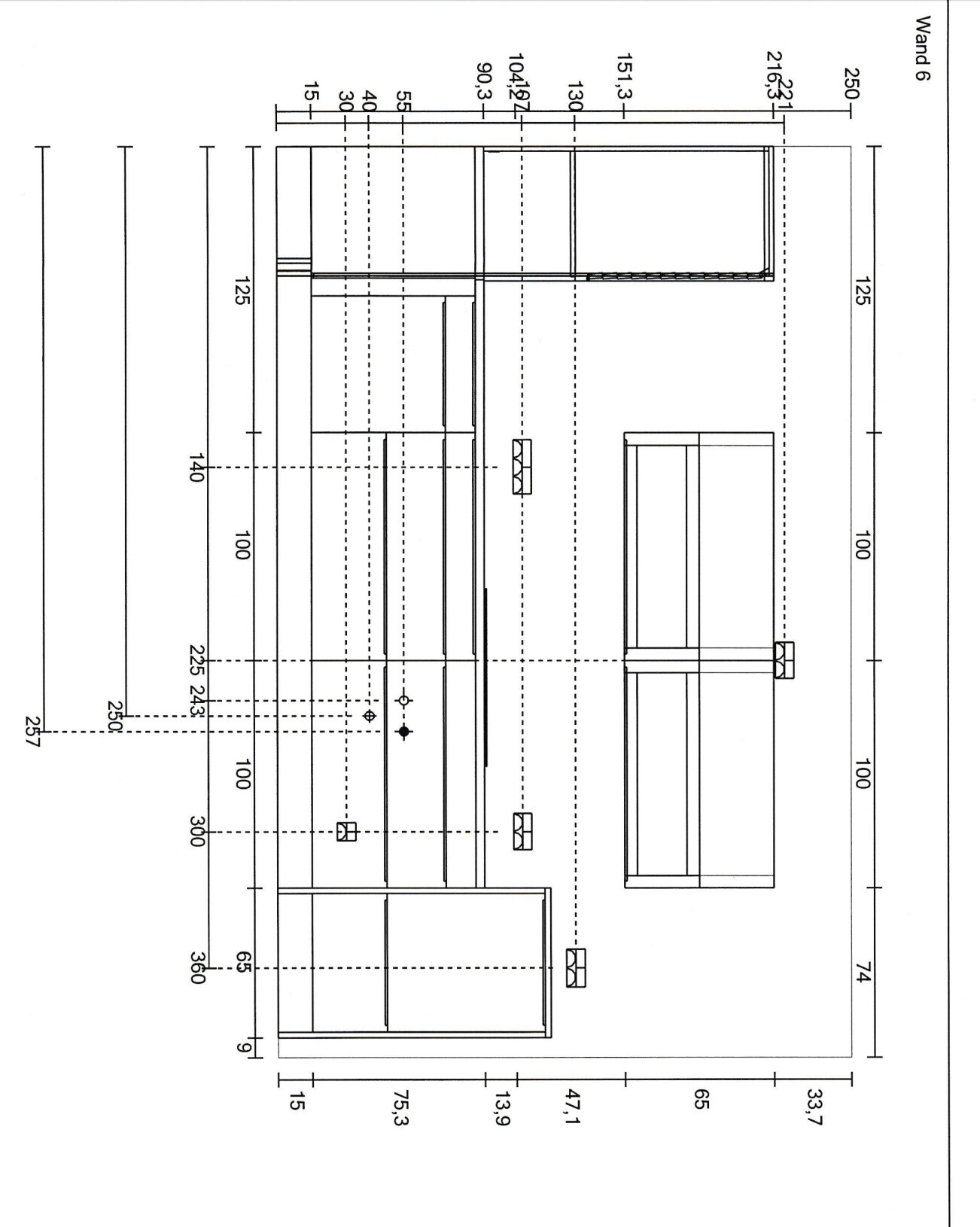 2D-Grundrisszeichnung einer Küchen- und Wohnraumanordnung mit Maßlinien