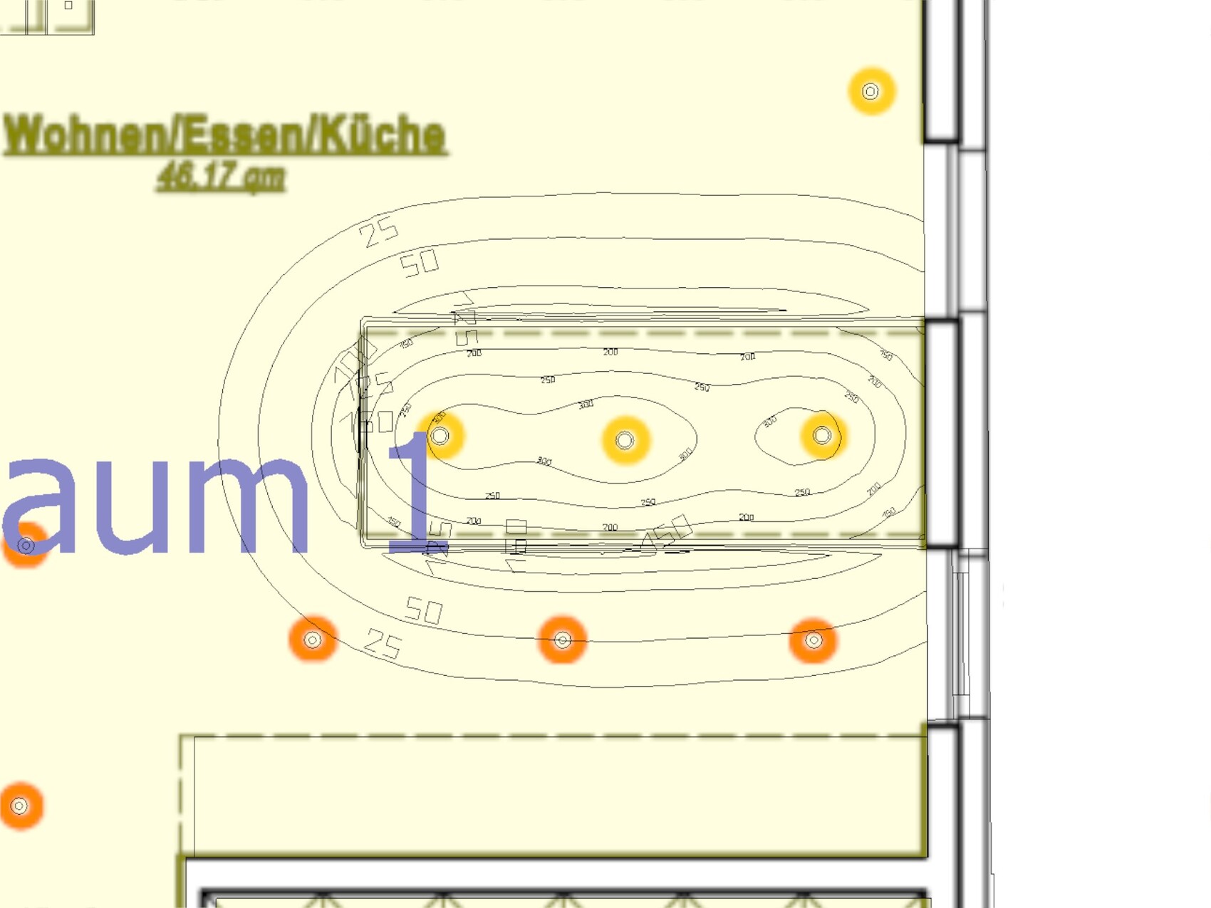 Grundriss eines Wohn-/Ess-/Küchenbereichs mit Konturlinien und gelb/orange Beleuchtungsspots.