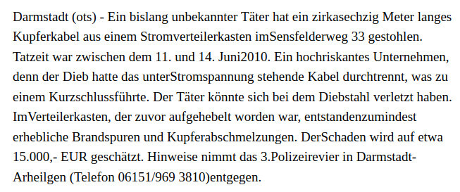 Zeitungsartikel: Kupferkabeldiebstahl in Darmstadt, Schaden ca. 15.000 EUR.