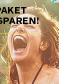 Lachende Frau schreit vor Freude, Werbetext Paket Sparen sichtbar