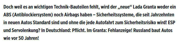 Deutscher Text kritisiert, dass der neue Lada Granta kein ABS, Airbags, ESP oder Servolenkung hat.