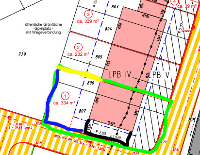 Lageplan eines Baugrundstücks mit Gebäudefläche, Zufahrten und Grünflächen