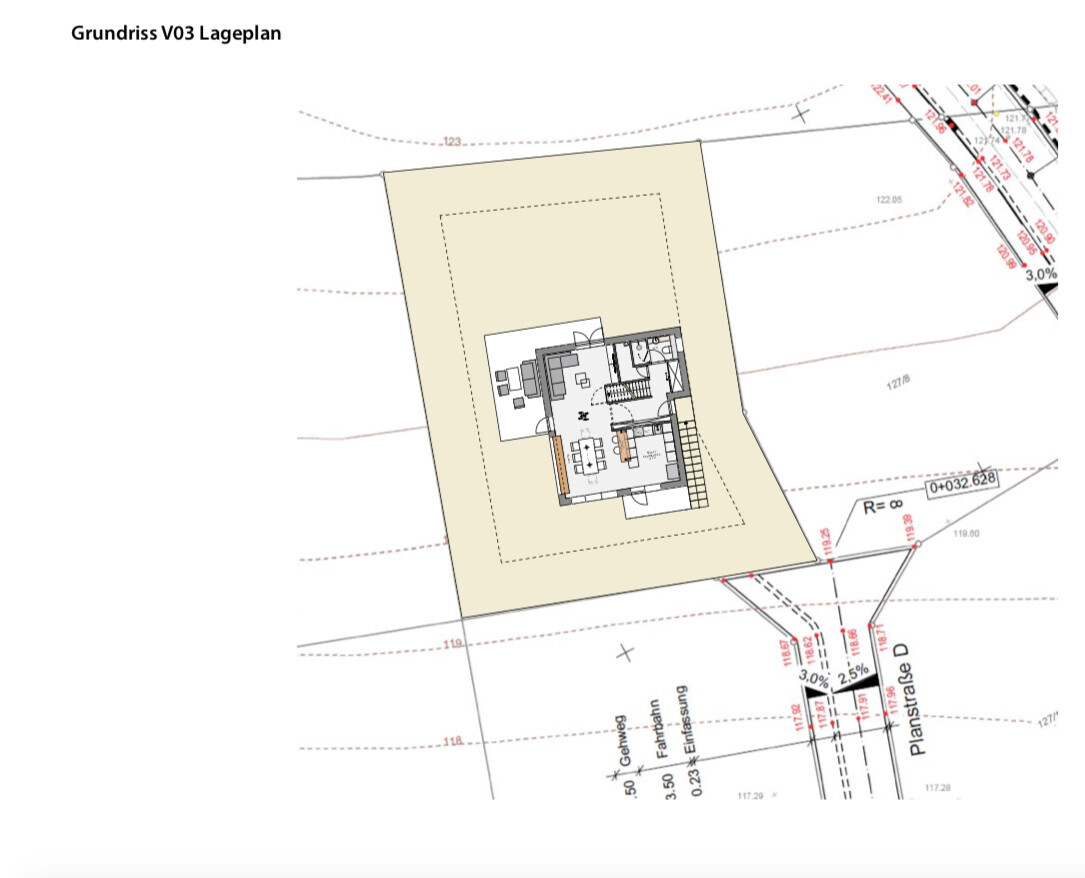 Lageplan eines Hauses auf dem Grundstück mit Umriss, Zufahrt und Grundstücksgrenzen