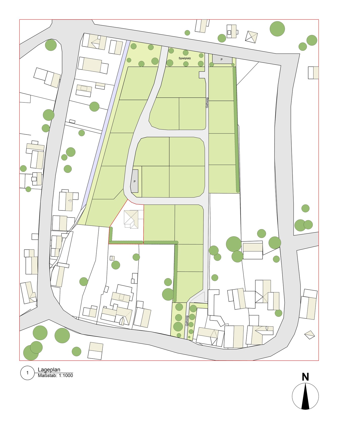 Lageplan eines Baugebiets mit Parzellen, Straßen, Bäumen und Spielplatz, Norden.