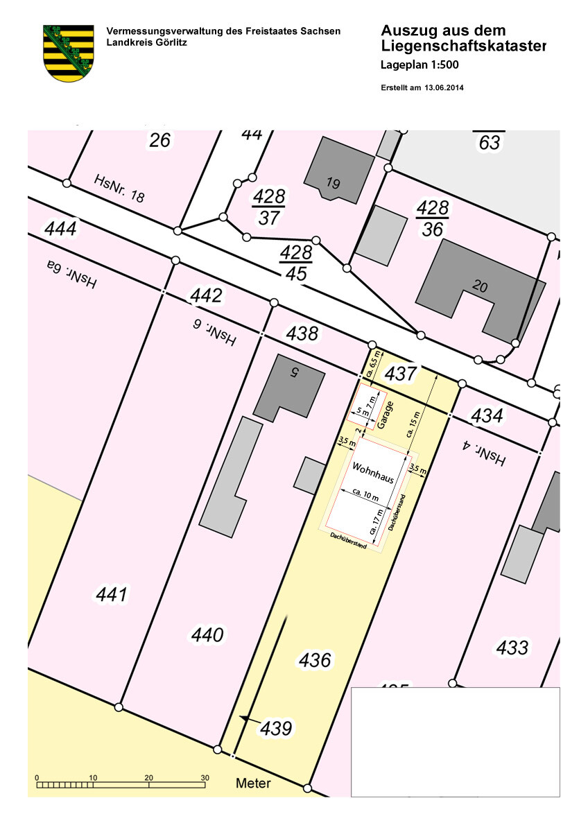 Auszug aus dem Liegenschaftskataster: Parzellen mit Gebäuden, Maßstab 1:500, Görlitz.