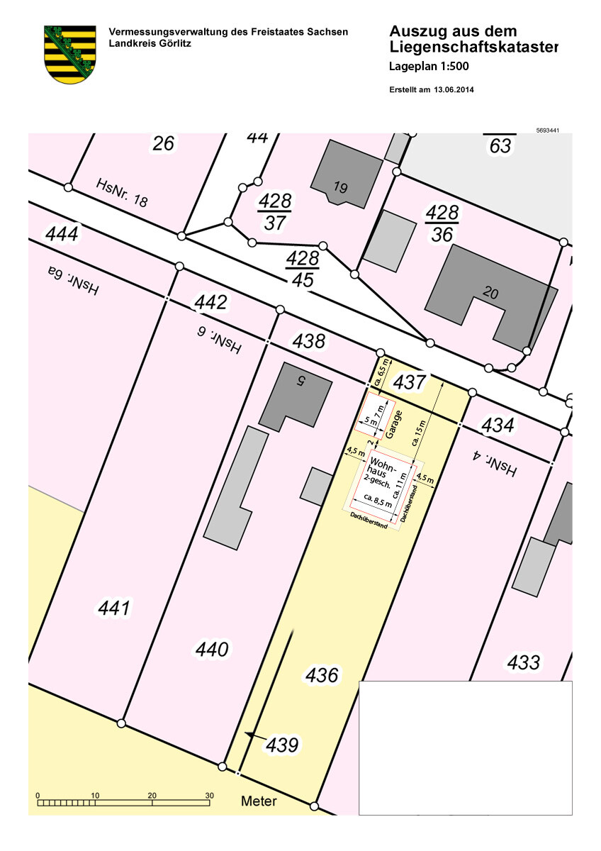 Ausschnitt aus dem Liegenschaftskataster: Parzellen 434–441 mit Gebäuden, Maßstab 1:500.