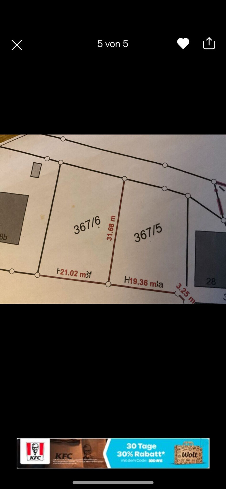 Grundstücksplan: Parzellen 367/6 und 367/5, rote Grenzlinie 31,68 m, Messpunkte.