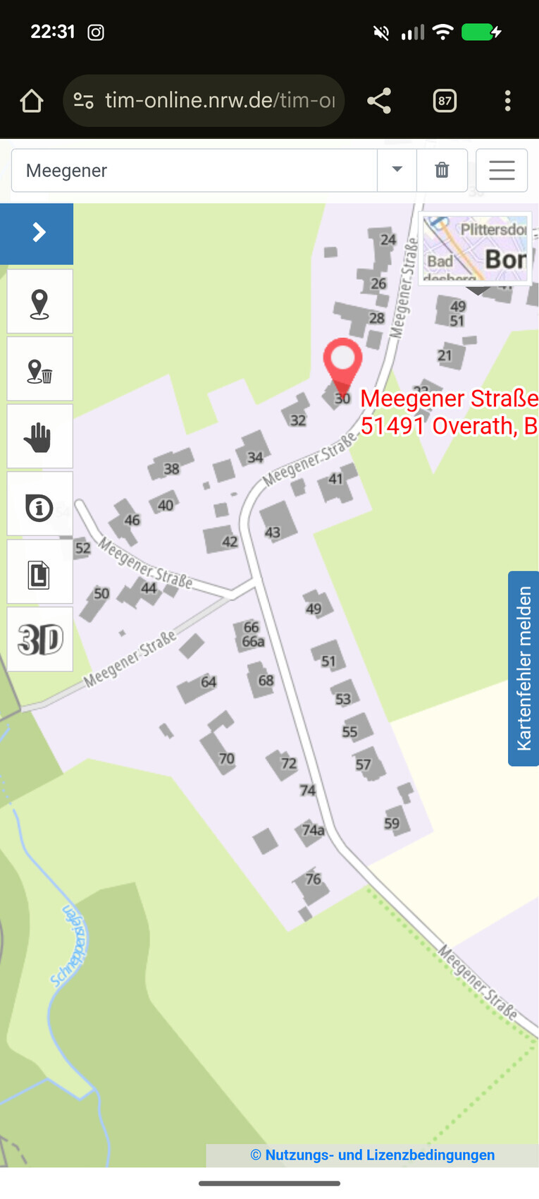 Kartenansicht mit rotem Lagepin an Meegener Straße 30, 51491 Overath, Deutschland.