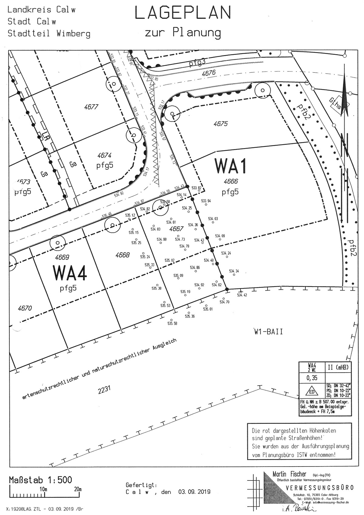 Lageplan zur Planung: Grundstücks- und Straßenverlauf mit WA1 und WA4, Maßstab 1:500