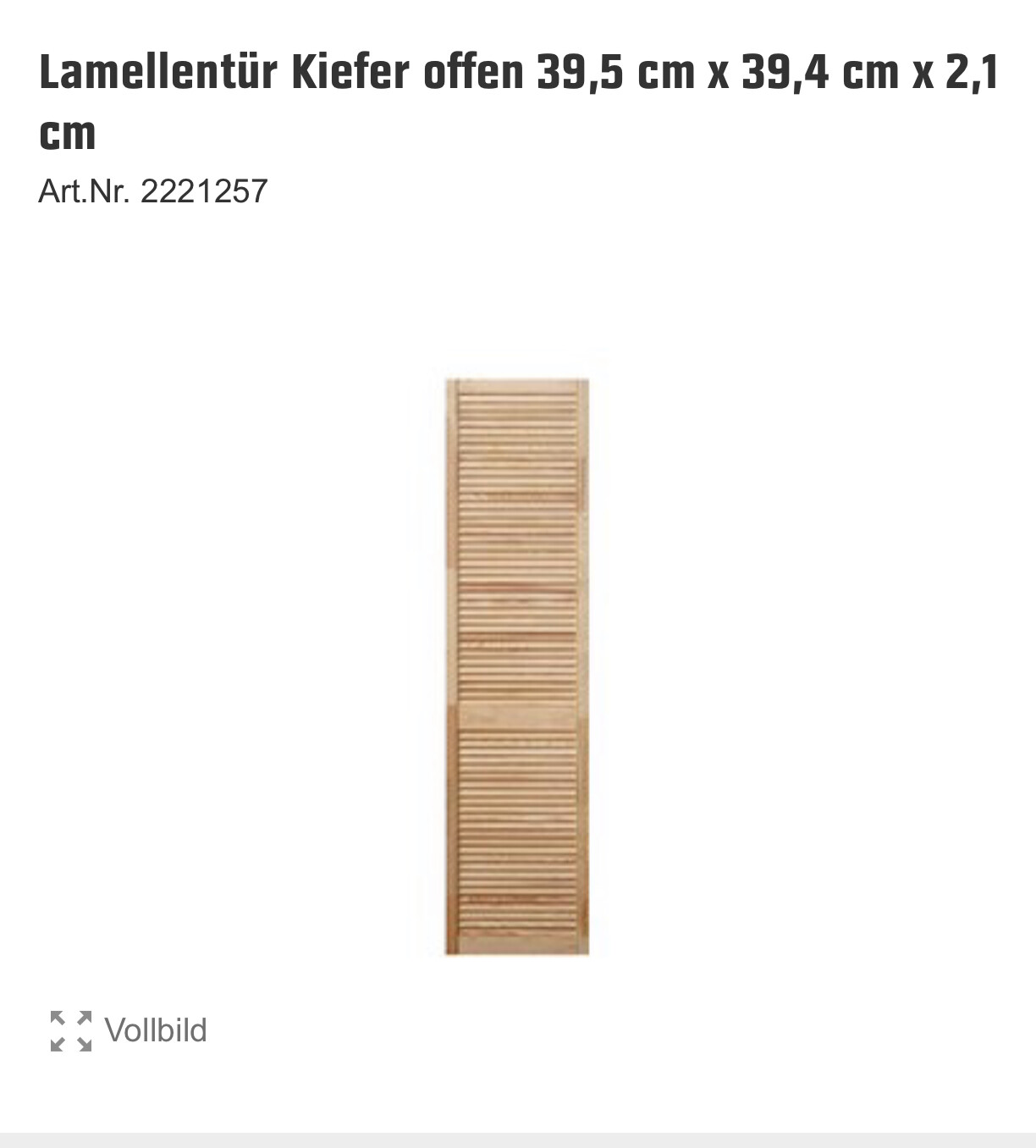 Lamellentür aus Kiefer, offen, Holzlatten-Türpaneel, Maße 39,5 × 39,4 × 2,1 cm