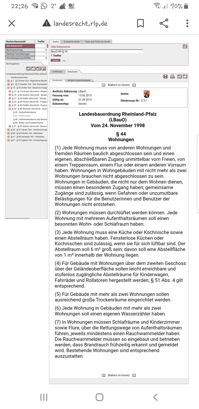Screenshot einer Gesetzesverordnung: Landesbauordnung Rheinland-Pfalz §44 Wohnungen, Textabschnitt.