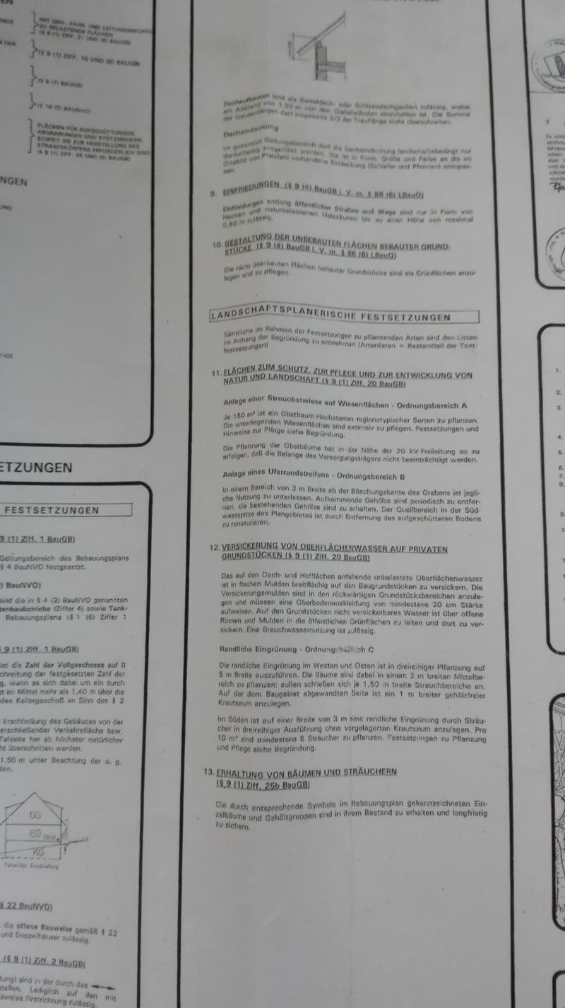 Schwarzweißes Dokument mit Text, Überschrift: Landschaftsplanerische Festsetzungen.