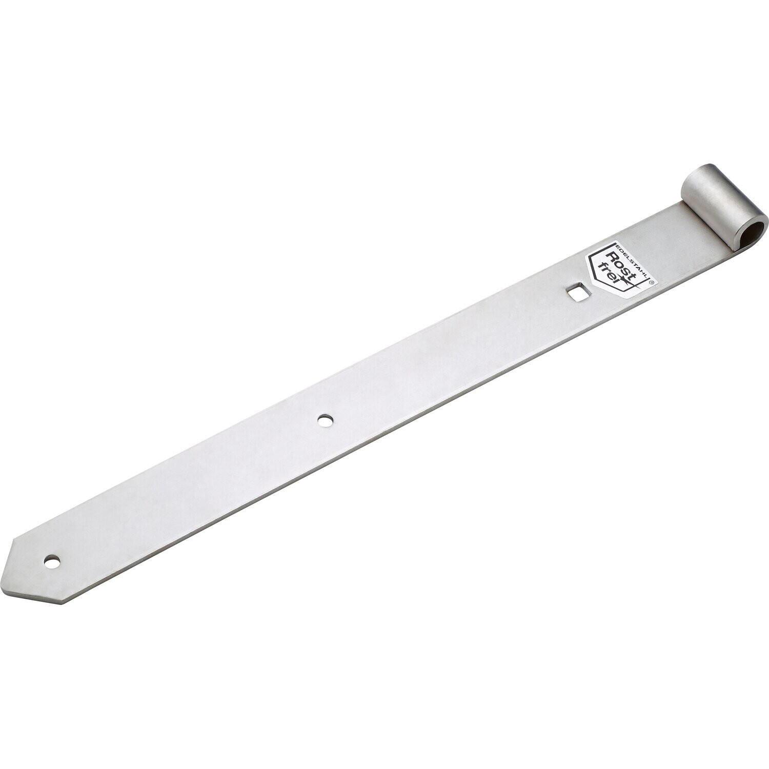 Lange flache Edelstahlklinge mit drei Löchern und Markenetikett