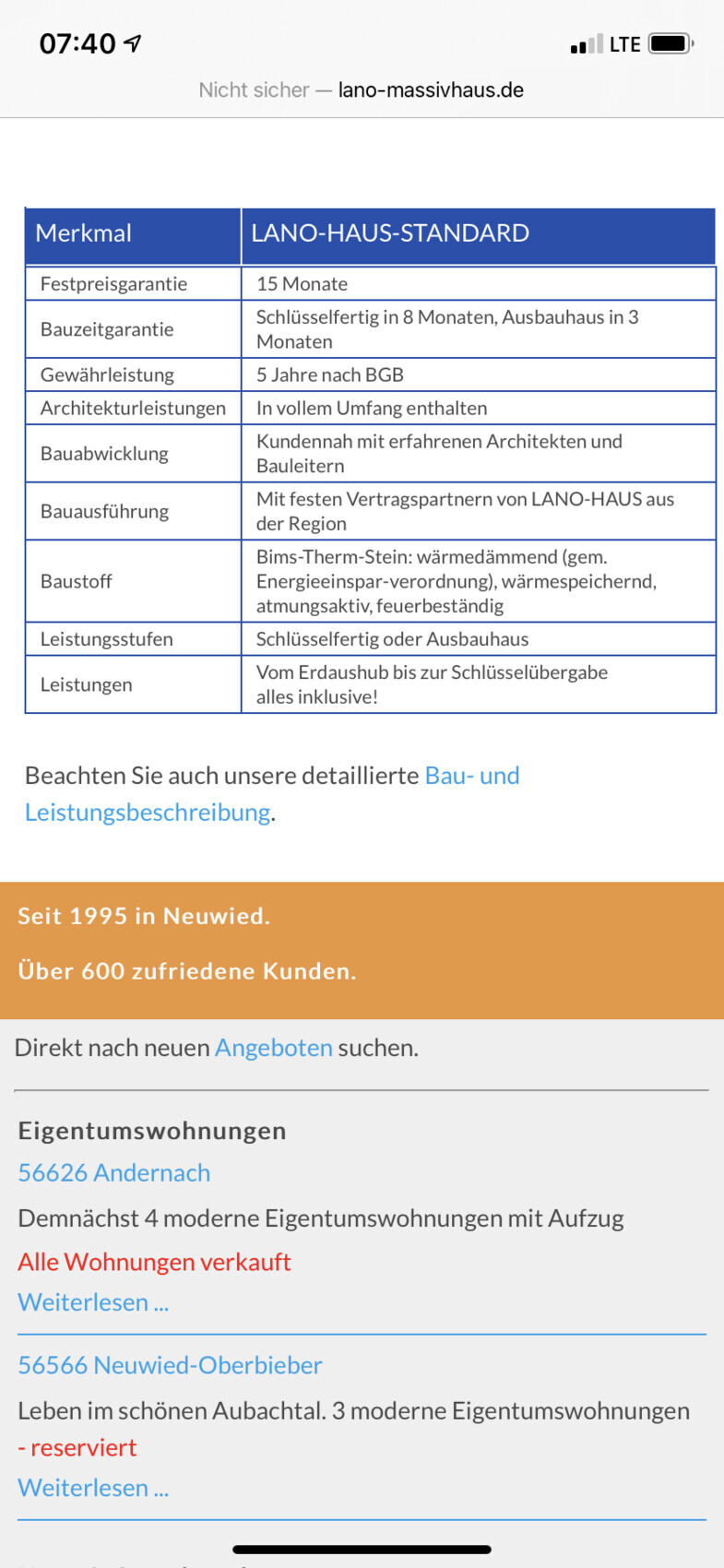 Tabelle der LANO-HAUS-STANDARD-Merkmale: Garantien, Bauzeit, Materialien und Leistungen.