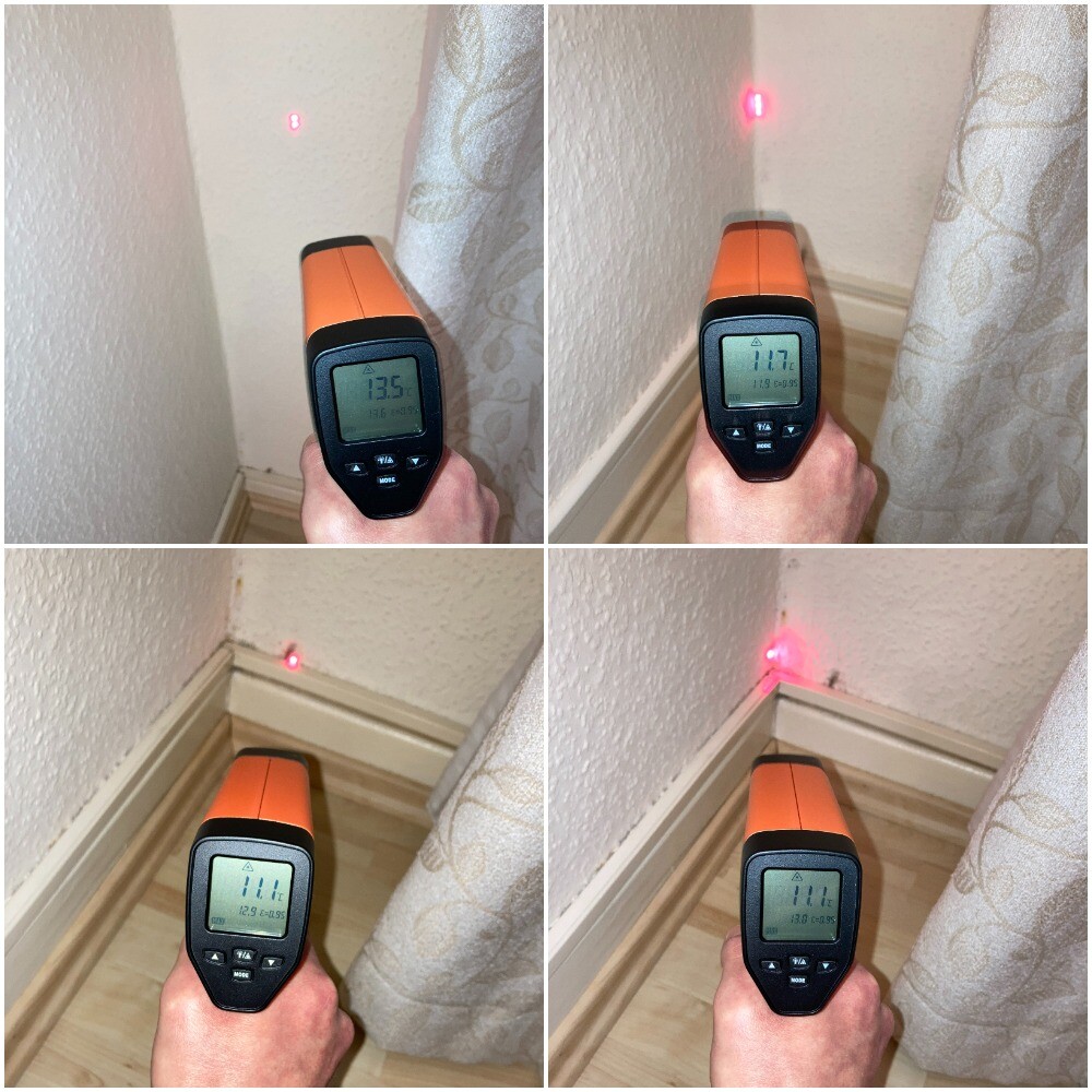 Vier Aufnahmen eines orangen Lasermessgeräts, das einen roten Laser auf eine Wandkante richtet.