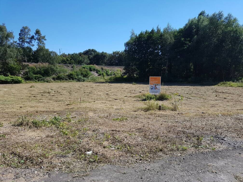 Leeres Baugrundstück mit Schild, umliegende Bäume und offenes sonniges Feld