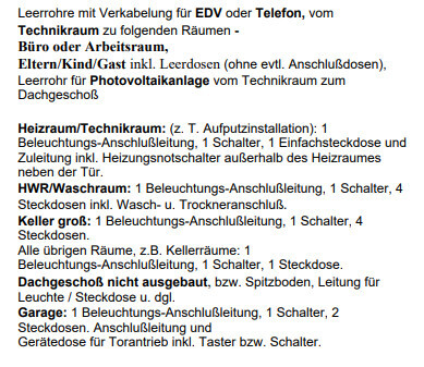 Textliste zu Leerrohren, Beleuchtungen, Steckdosen und Schaltern im Technikraum.