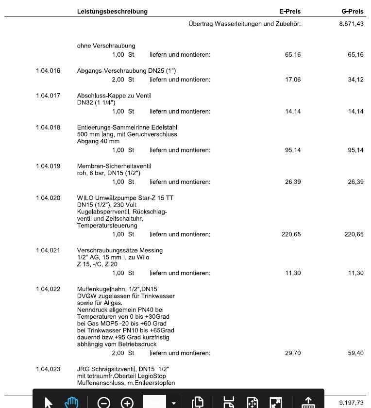Preisübersicht: Wasserleitungen und Sanitärzubehör mit Bezeichnungen und Preisen.