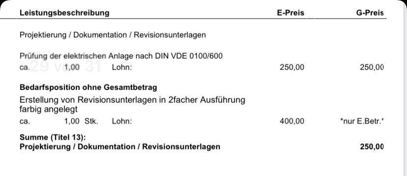 Kostenaufstellung mit Leistungsbeschreibung, Revisionsunterlagen und Preisen