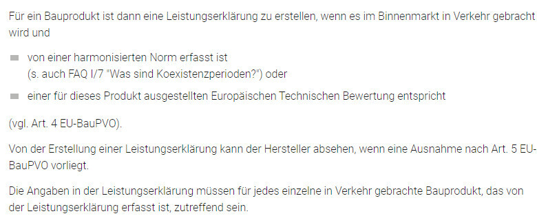 Screenshot eines Textdokuments zur Leistungserklärung für Bauprodukte