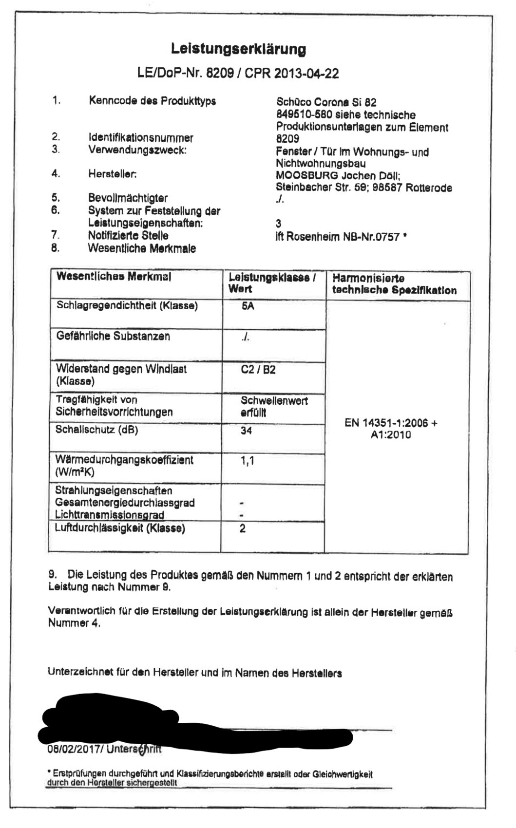 Leistungserklärung: Formular mit Produktdaten, Hersteller und technischen Spezifikationen