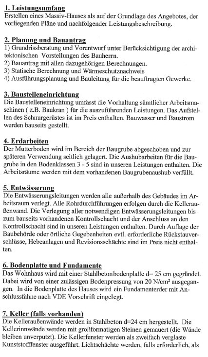 Dokument mit Gliederung zu Bauprojekt: Leistungsumfang, Planung, Erdarbeiten, Entwässerung und Keller.