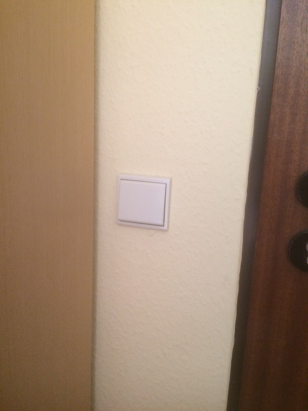 Weißer Lichtschalter an cremefarbener Wand neben Holztürrahmen.