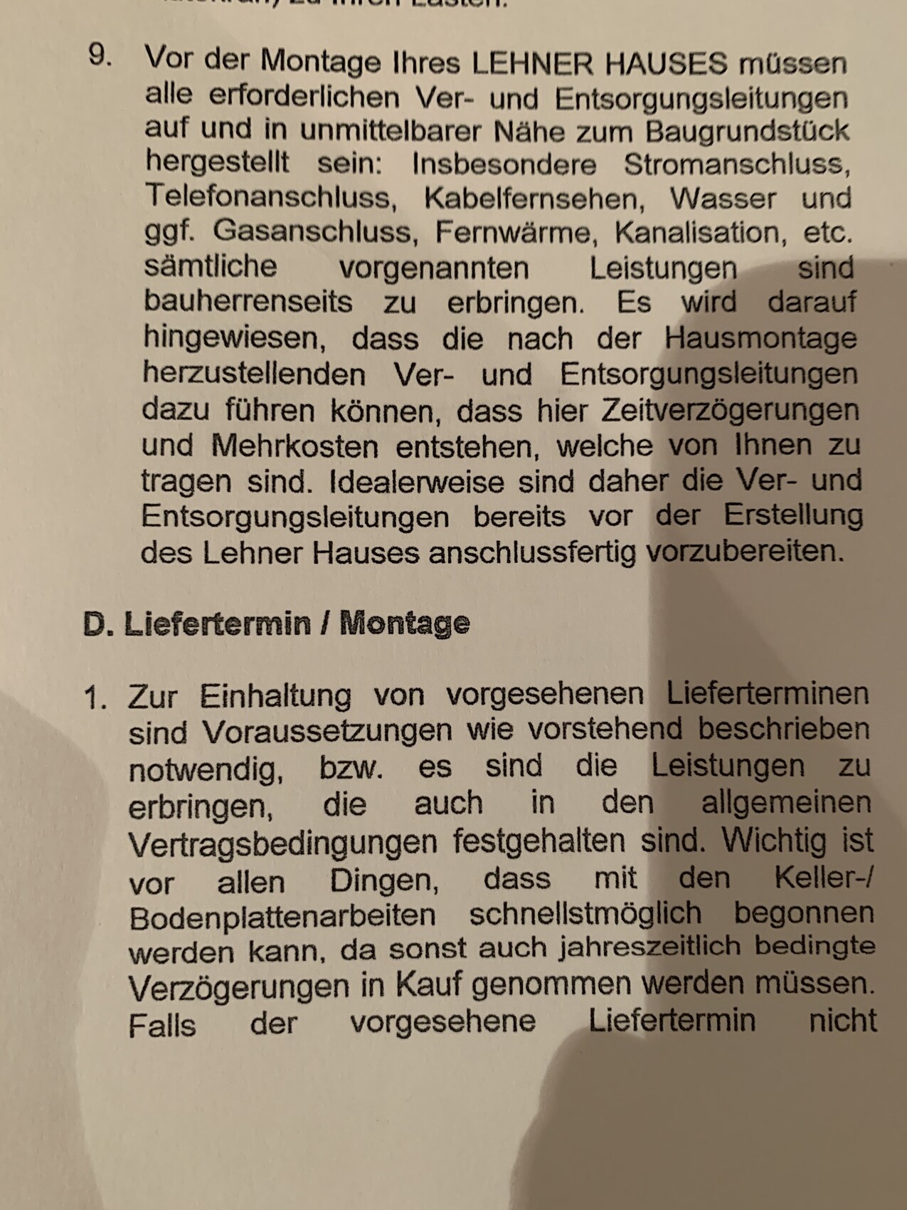 Seitenabschnitt eines Dokuments: D. Liefertermin / Montage mit Fließtext.