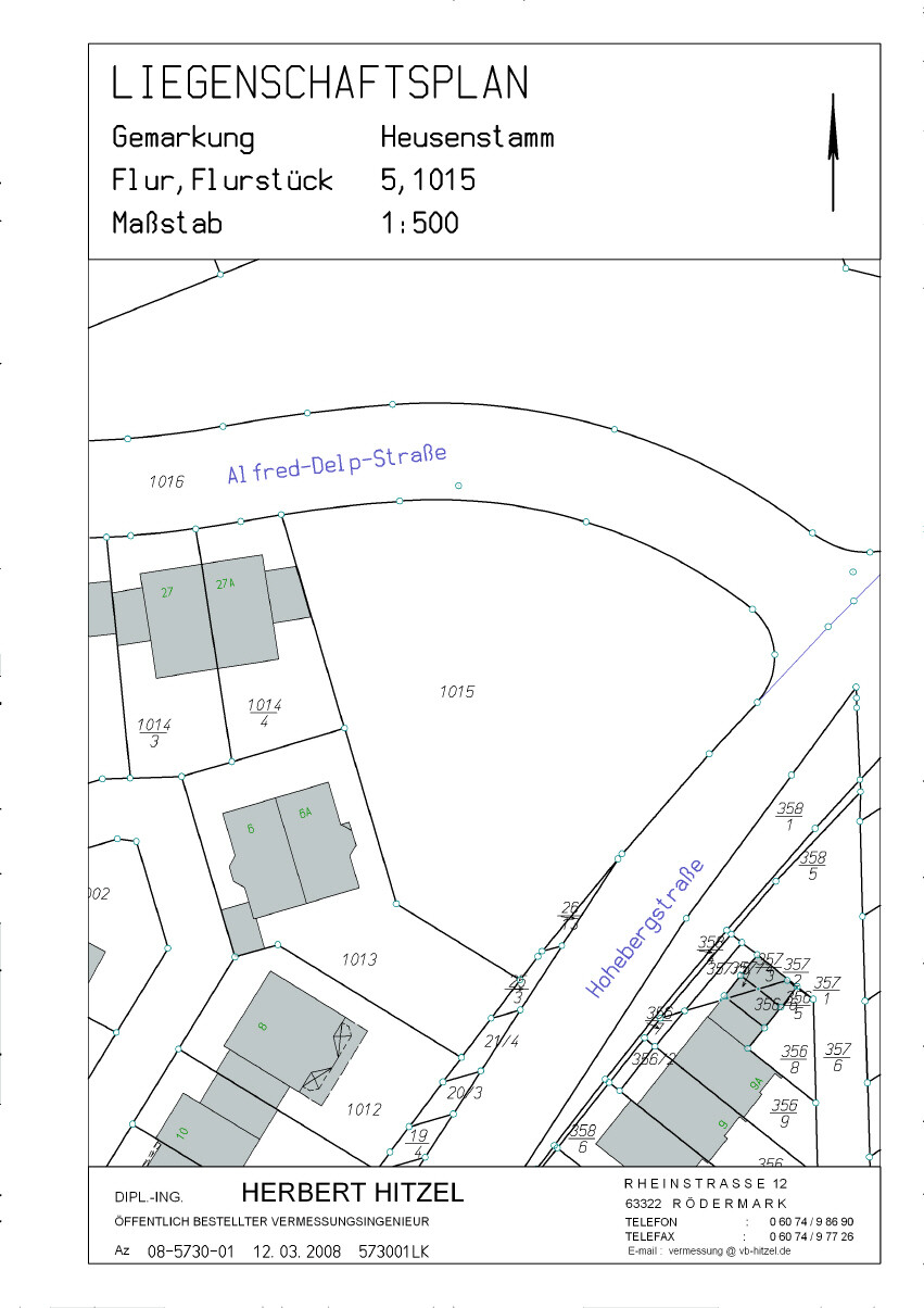 Grundstücksplan: Parzellen und Gebäude an Alfred-Delp-Straße in Heusenstamm, Maßstab 1:500.