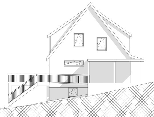 Modernes Haus auf Hanglage mit Terrasse, Brüstung und Treppenaufgang, Frontansicht im Zeichnungsstil