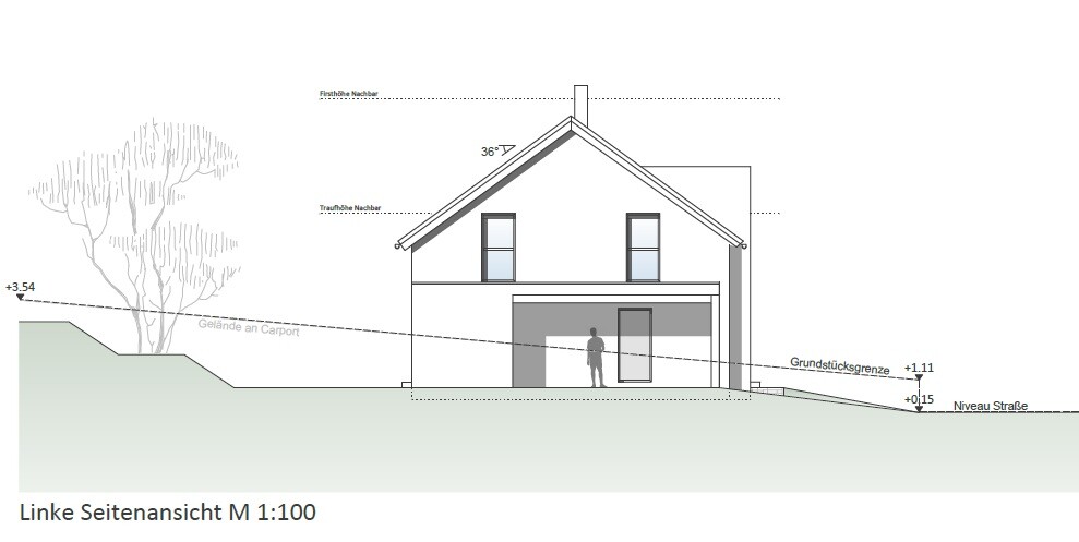 Linke Seitenansicht eines zweistöckigen Hauses mit Satteldach, Carport, Person am Eingang, Baum links