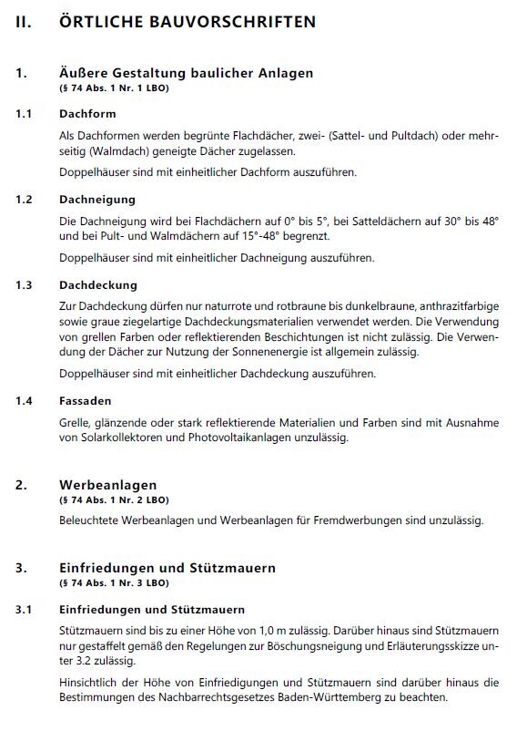 Dokument mit lokalen Bauvorschriften zu Dachformen Fassaden und Zulassungen