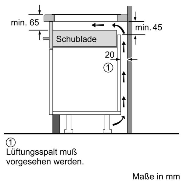 Technische Zeichnung einer Schublade mit Lüftungsgap und Maßangaben in mm