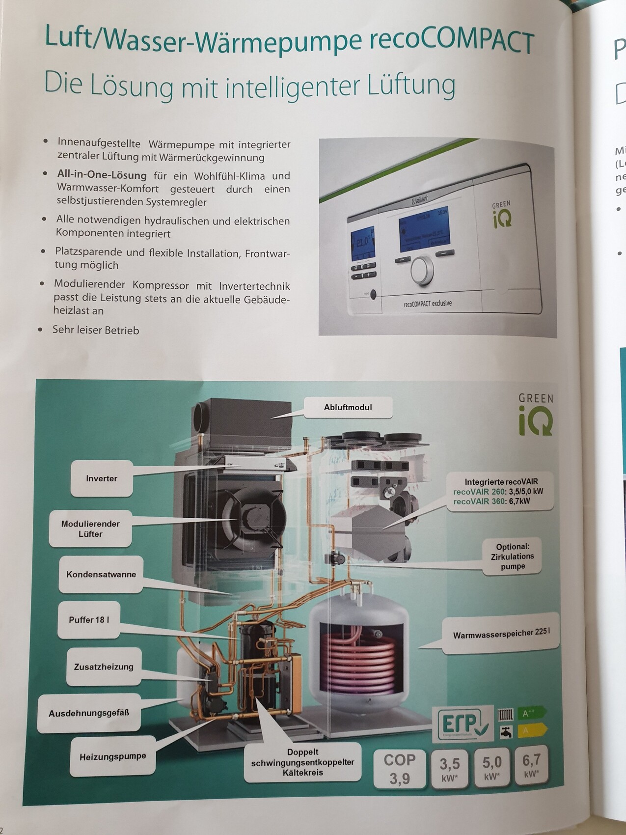 Schnittdarstellung einer recoCOMPACT Luft-Wasser-Wärmepumpe mit Inverter, Puffer und Speicher.