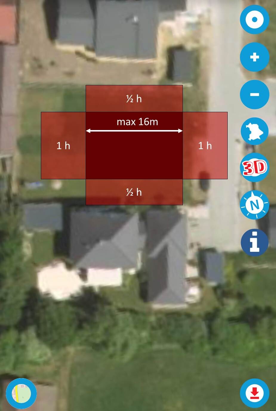Luftbild eines Hauses mit rotem Overlay: zentrales Dunkelrot, umliegende Zonen Hellrot.