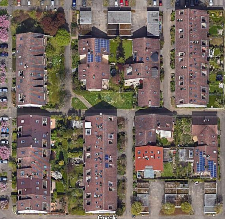 Luftbild eines Wohnviertels: rote Ziegelhäuser, Gärten, Straßen und Solarzellen.