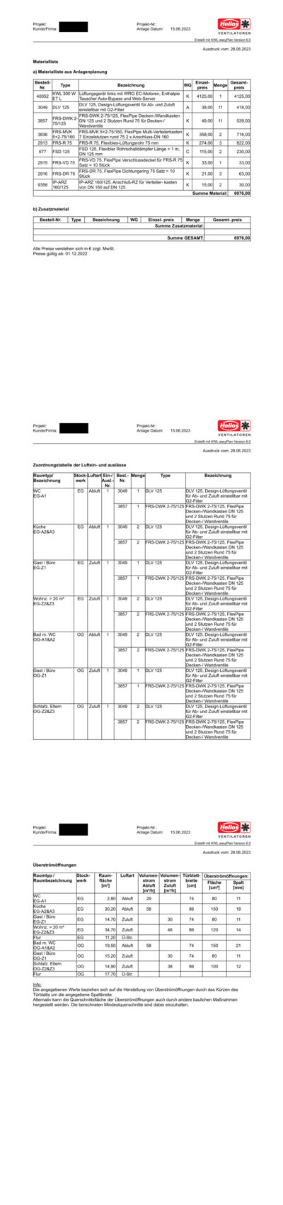 Dokument: Materialliste aus Anlagenplanung mit Tabellen, Bestellnummern, Bezeichnungen und Preisen.
