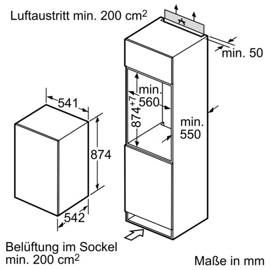 Technische Skizze: kleiner Würfel und hoher Schrank; Belüftung oben/unten, Maße in mm.