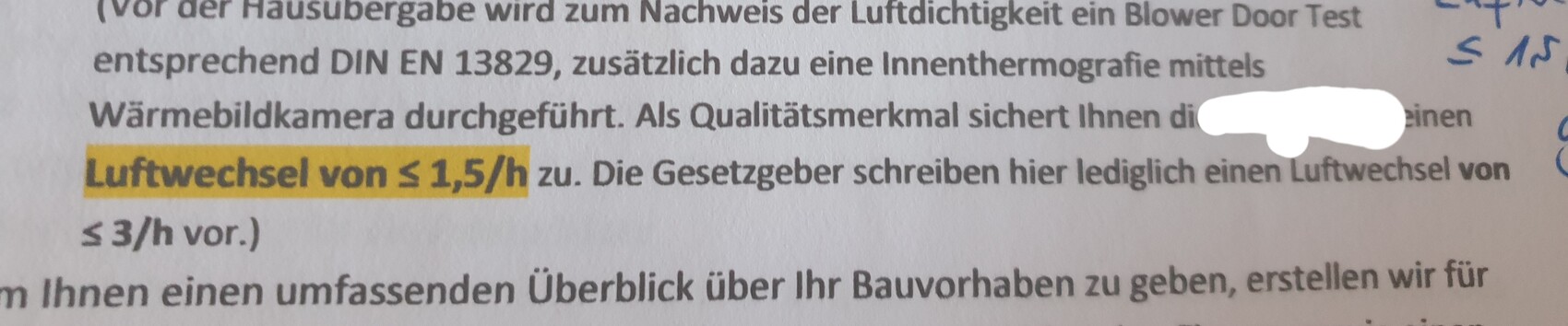 Sichtbares Dokument mit Text über Luftwechsel von ? 1,5/h, gelb markiert.