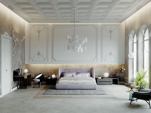 Helles, elegantes Schlafzimmer mit gepolstertem Bett, Kronleuchter, Wandpaneelen und Pflanzen.