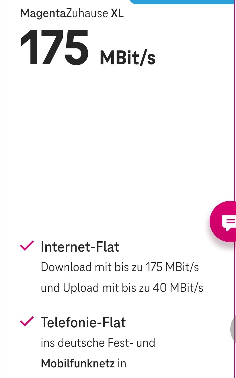 MagentaZuhause XL Plan: 175 MBit/s, Internet-Flat und Telefonie-Flat.