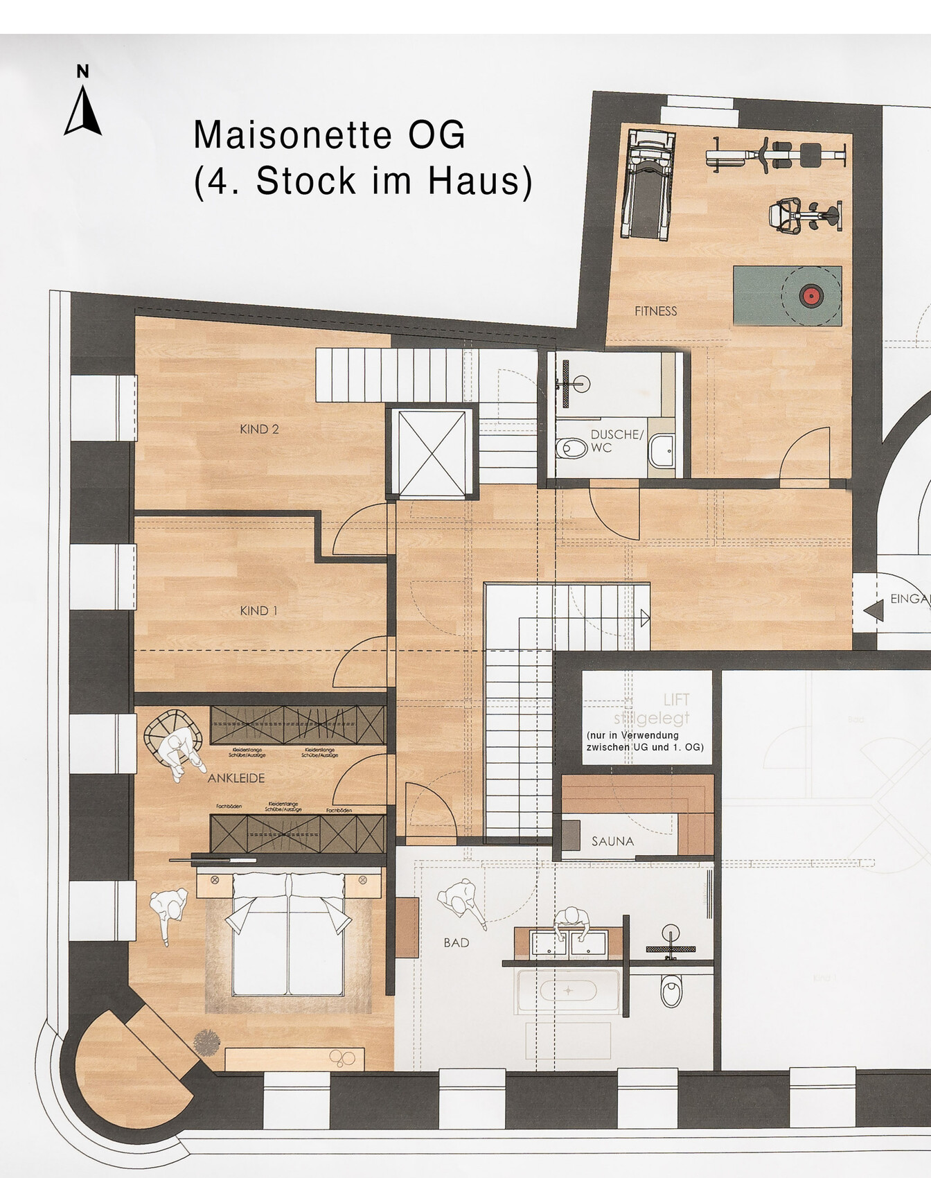 Grundriss der Maisonette-OG: Bad, Dusche/WC, Sauna, Fitness, zwei Kinderzimmer, Lift.
