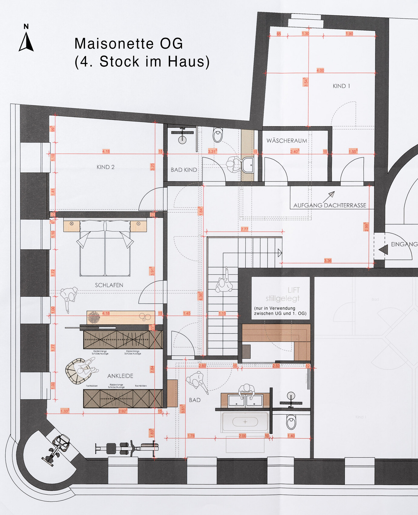 Grundriss einer Maisonette im OG mit Schlafzimmer, Ankleide, Bad, zwei Kinderzimmern und Dachterrasse