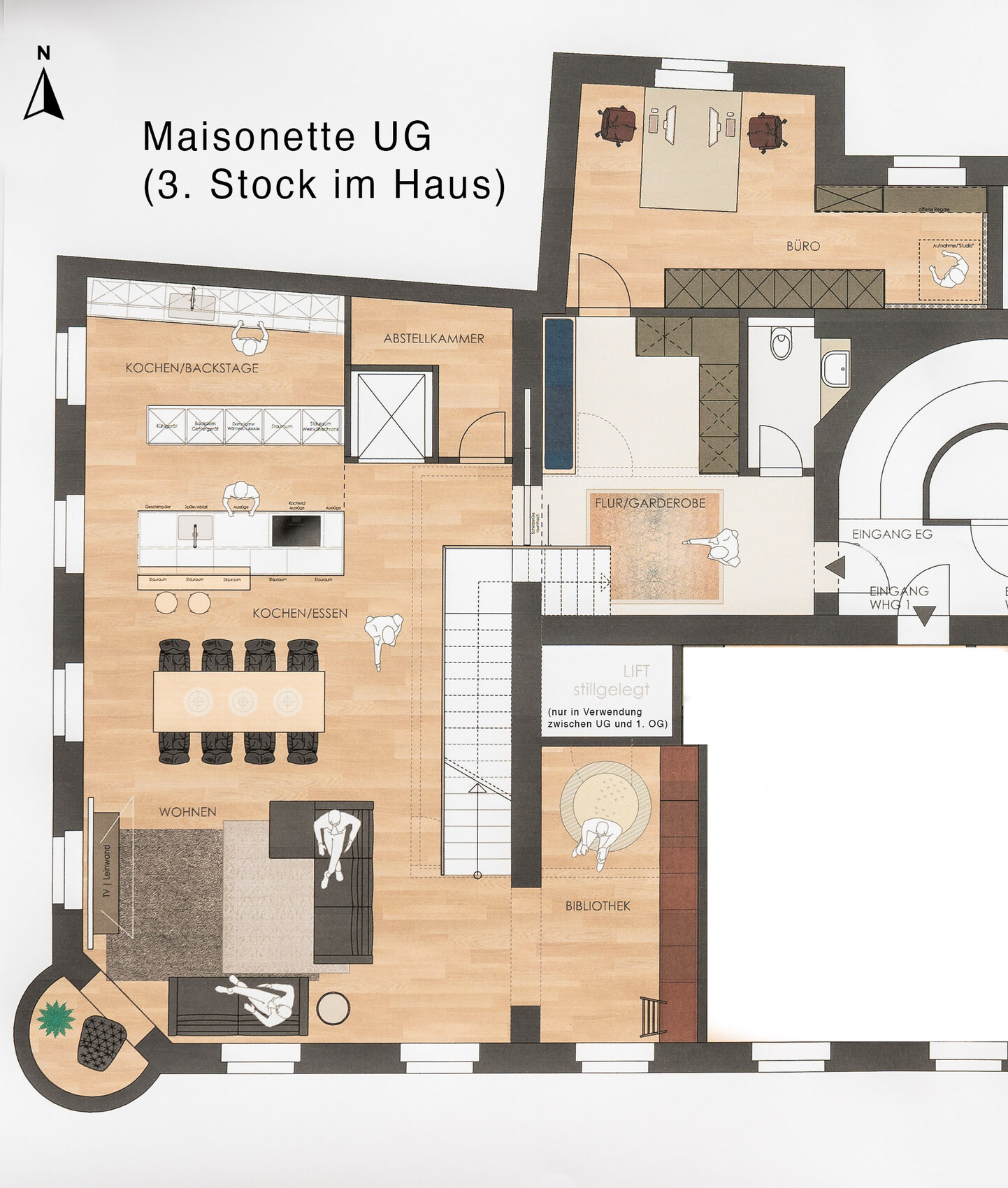 Grundriss der Maisonette-UG: Kochen/Essen, Wohnen, Bibliothek, Büro, Flur/Garderobe, Eingang.