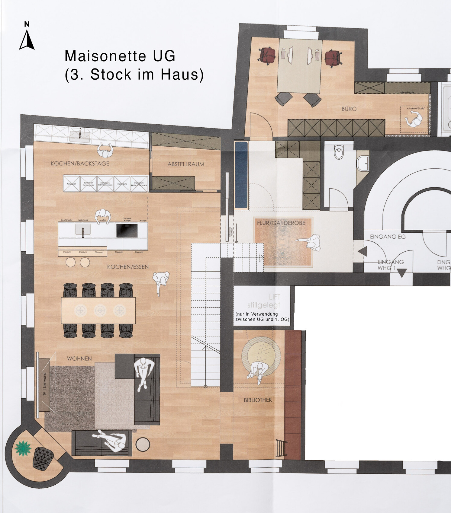 Grundriss einer Maisonette (UG): Küche, Essen, Wohnen, Bibliothek, Büro.