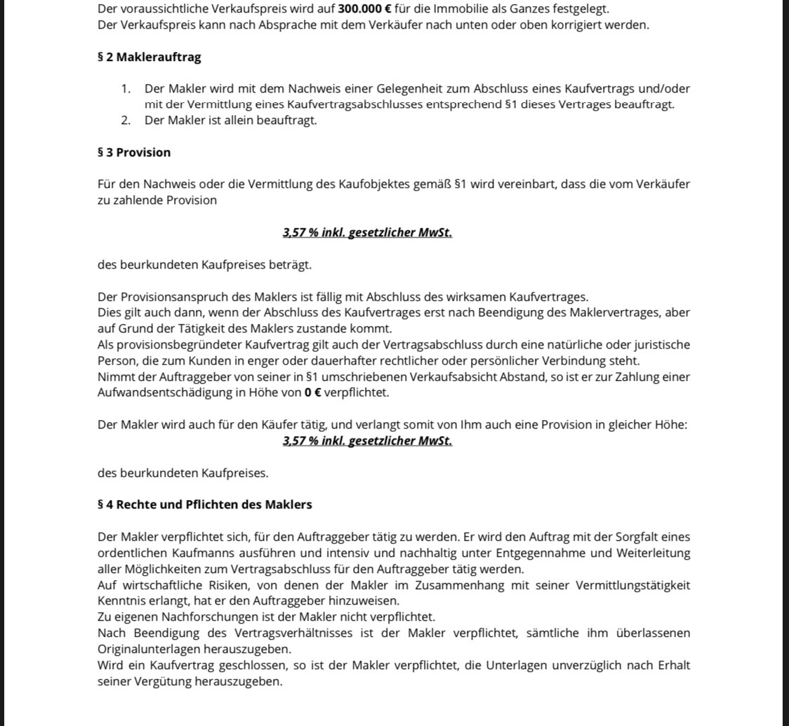 Seite eines Maklervertrags mit Provisionsangabe 3,57% inkl. MwSt.