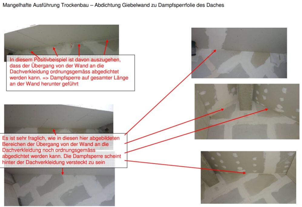 Mangelhafte Trockenbauausführung: Abdichtung der Giebelwand an Dampfsperrfolie des Daches.